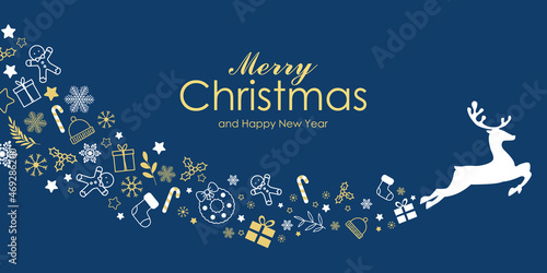 Banner of a reindeer with Christmas elements Blue background