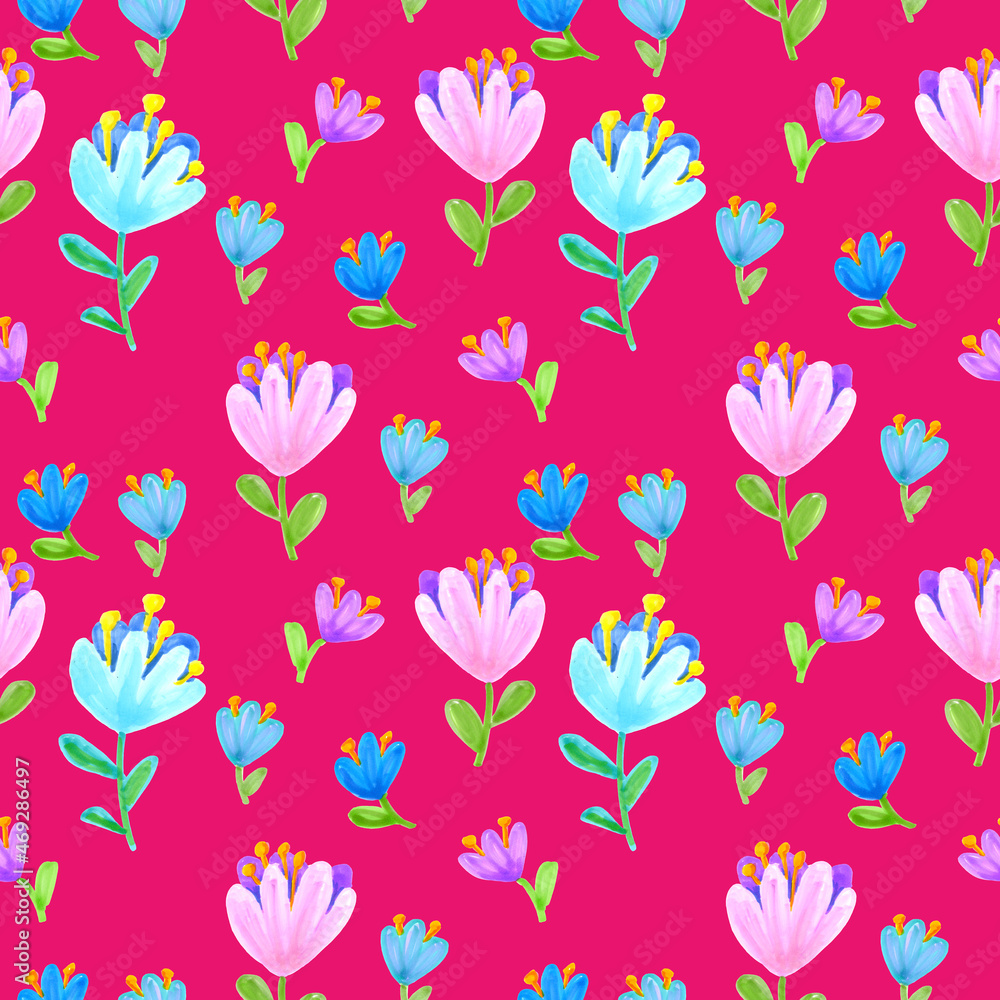 Seamless pattern of flowers drawn with markers on a bright pink background. For fabric, sketchbook, wallpaper, wrapping paper.