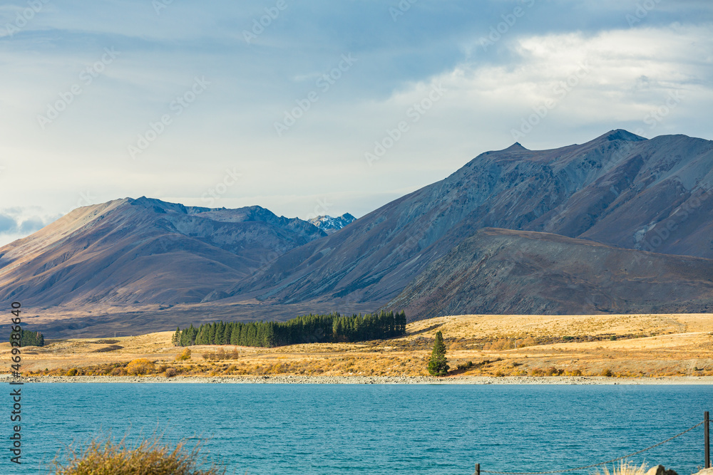 ニュージーランド　カンタベリー地方のテカポ湖の湖畔の風景