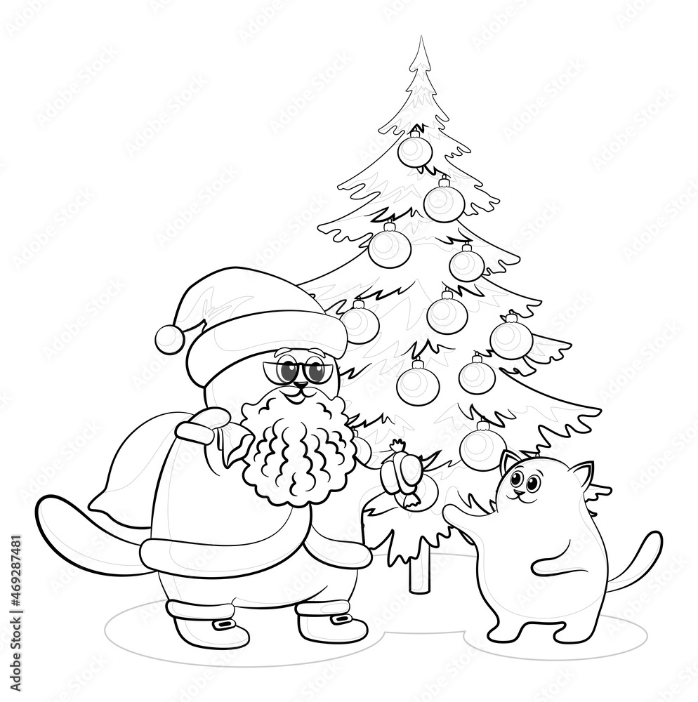 Naklejka premium Christmas Cartoon, Cat Santa Claus Gives Candy to a Kitten near the Christmas Tree, Black Contours Isolated on White Background. Vector
