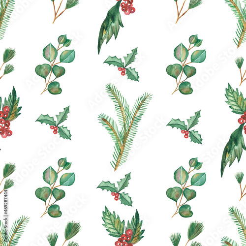 Watercolor hand painted nature winter holiday plants seamless pattern with green fir branches  eucalyptus leaves and red holly berries isolated on the white background for christmas print design