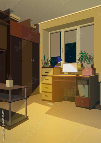 Evening work at the computer at home. Vector.