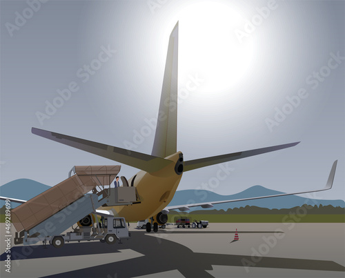 The tail of the plane at the airfield. Great sun. Vector.