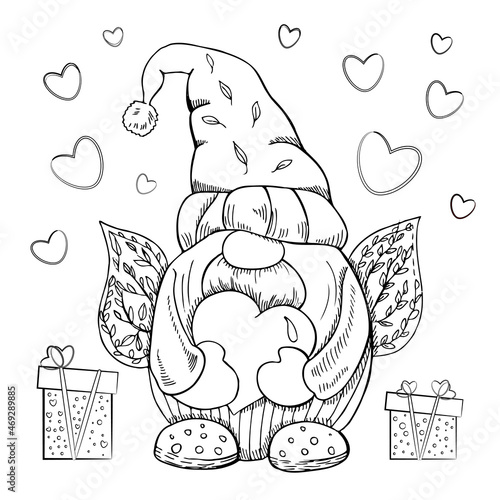 A hand-drawn gnome for valentine's day. The Scandinavian gnome isolated on the white background. Vintage vector illustration.