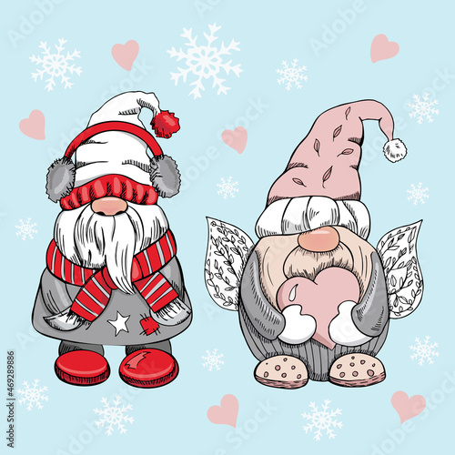 A set of hand-drawn gnomes for the New Year, Christmas and Valentine's day. Vintage vector illustration. New Year, Christmas and Valentine's day illustration.