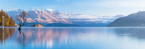 Carta da parati ニュージーランド　オタゴ地方の早朝のワナカ湖の湖畔の紅葉で黄色に染まった木々と湖内に立つワナカ・ツリーと後ろに見える南アルプス山脈
