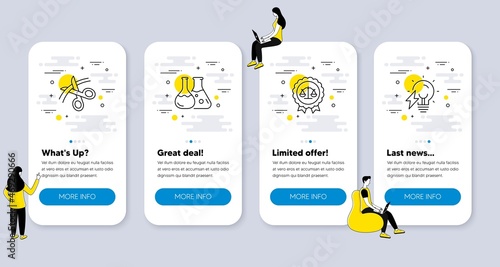 Set of Education icons, such as Justice scales, Chemistry lab, Scissors icons. UI phone app screens with people. Electricity bulb line symbols. Judgement medal, Laboratory, Cutting ribbon. Vector