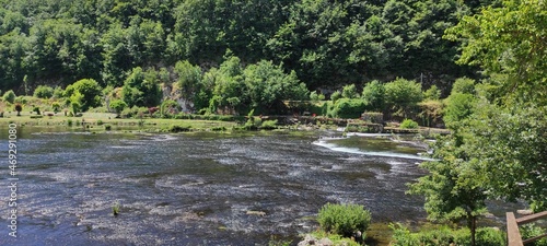 Panoramic view of the clean and beautiful river Una near the town of Bihac  Bosnia and Herzegovina. Una National Park.