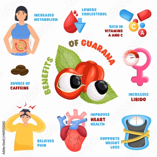 Guarana benefits infographic. Stimulant, superfood for energy boost, slimming, wellness. Vector illustration
