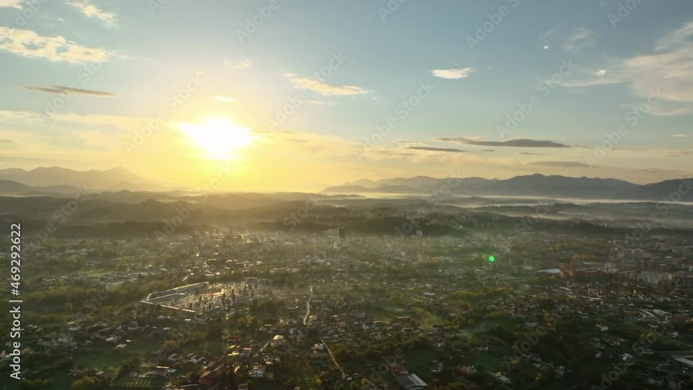 View from above, stunning aerial view of the city of Frosinone during a beautiful sunrise. View from above, stunning aerial view of the city of Frosinone during a beautiful sunrise.