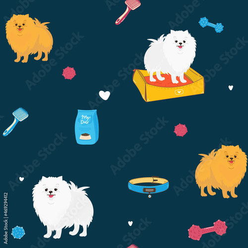 seamless pattern with cartoon dog. Cute Dog breeding white pomeranian spitz for wallpaper, pattern fills, greeting cards, webpage backgrounds, wrapping paper textile, fabric. Vector illustration