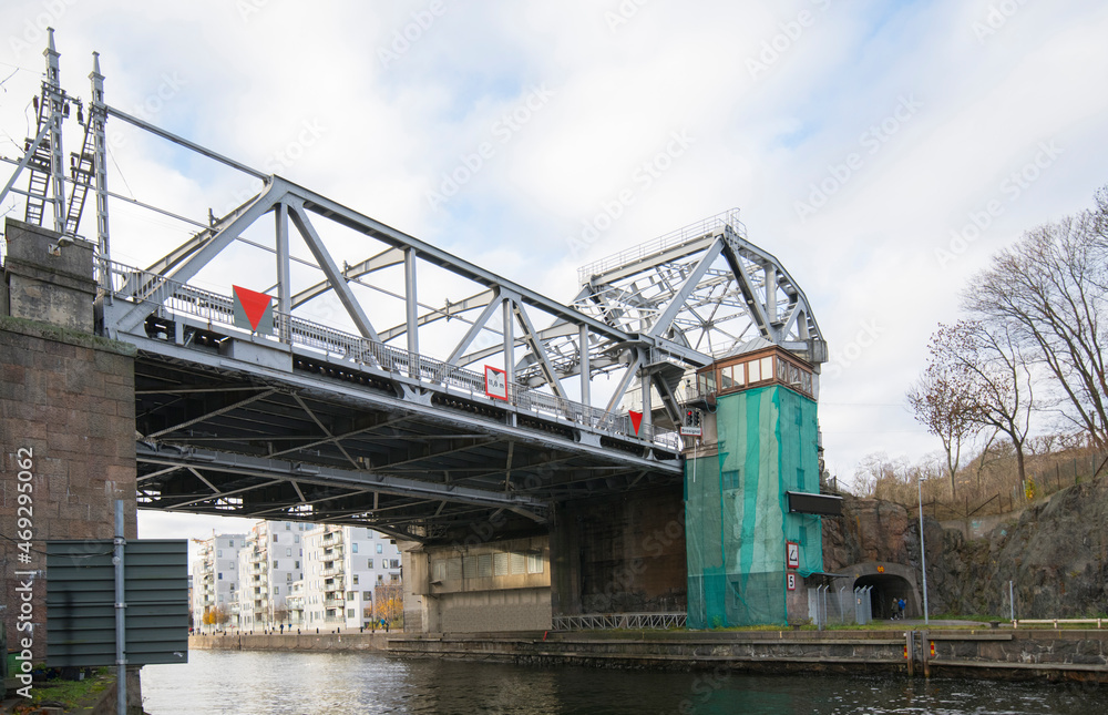 The bascule bridge Danviksbron, mechanism and counterweight, an autumn day in Stockholm