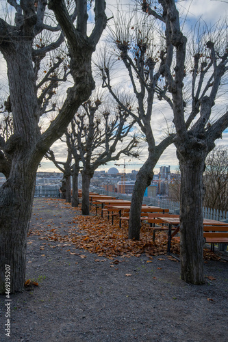 Outdoor restaurant on the hill Fåfängan, empty tables, bare trees and autumn leaves on the ground,  view over the south districts of Stockholm