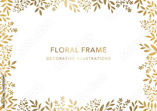 Floral Frame, Decorative Template, Golden Plant on White Background