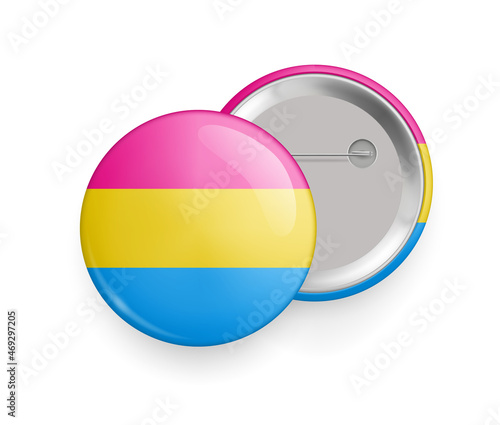 Pansexual pride round glossy metallic 3d badge mockup. Lgbt flag, official symbol of the community. Front and back side of pin button realistic vector illustration