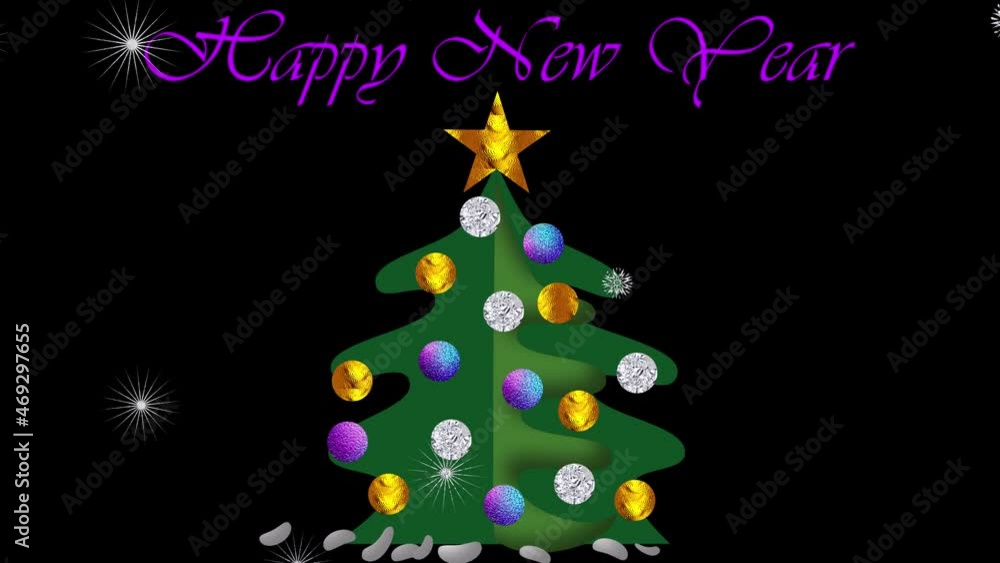Winter animation. Christmas tree with golden, silver and purple balls. Animated inscription Happy New Year. Glittering snowfall on a black background. Winter animation. Christmas tree with golden, silver and purple balls. Animated inscription Happy New Year. Glittering snowfall on a black background.