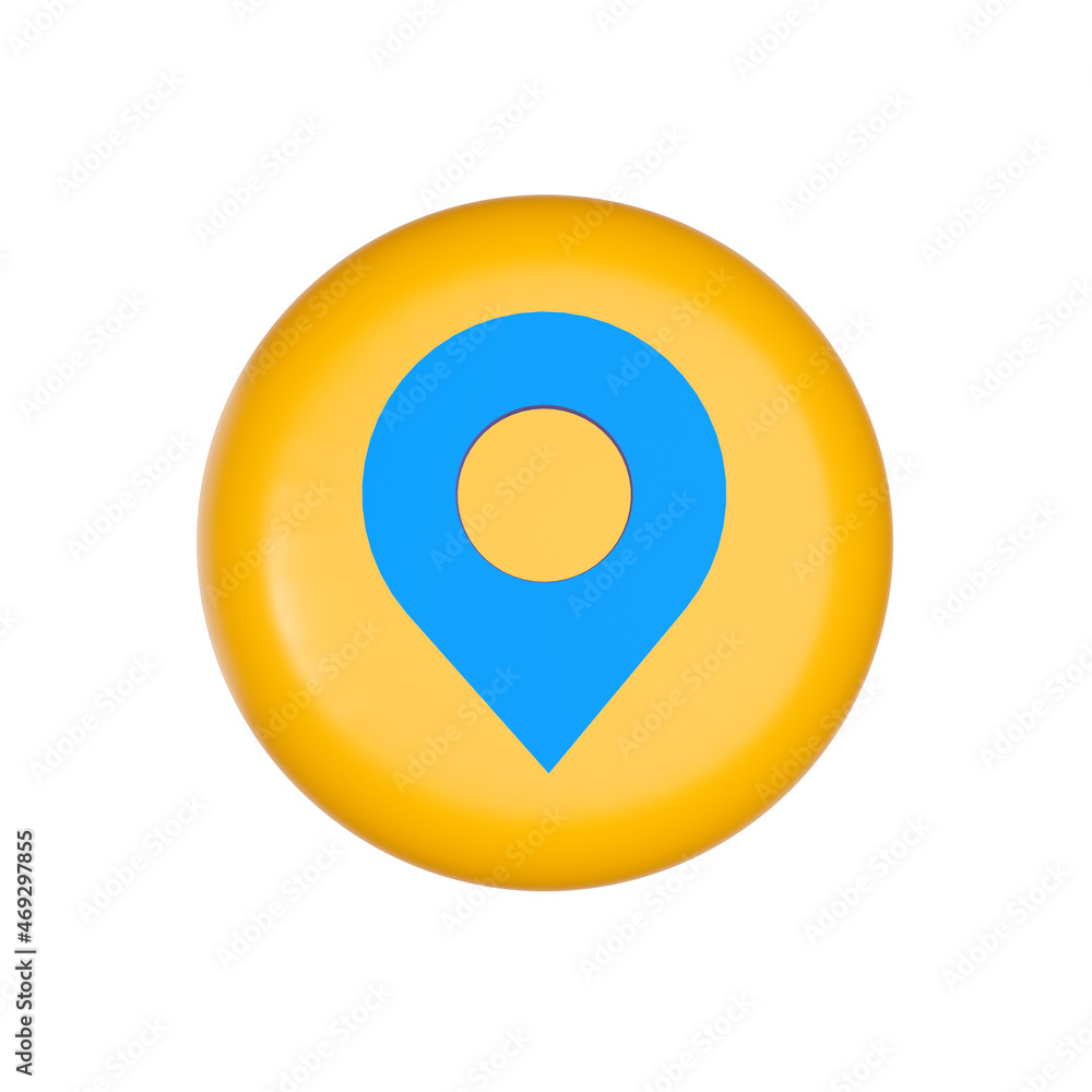 Blue pointer of map icon on a yellow round shape. Gps symbol. Web button. 3D rendering Blue pointer of map icon on a yellow round shape. Gps symbol. Web button. 3D rendering