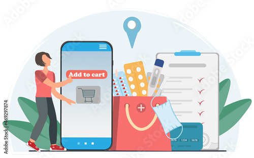 Tiny woman buying on line medications, medical pills or tablets in shopping basket, medical prescription, online shopping concept, medical and healthcare concept, flat vector illustration
