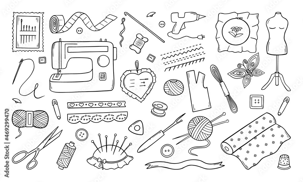 Set of sewing and needlework doodle. Craft supplies and tools: sewing ...