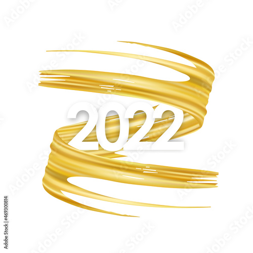 Vector illustration: Happy New Year. Number of 2022 with twisted gold colored paint stroke shape
