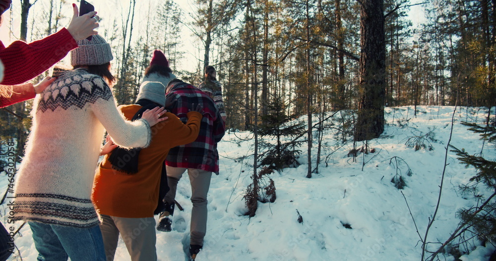 Camera follows happy multiethnic friends walk on sunny snowy winter forest path on Christmas weekend hike slow motion. Camera follows happy multiethnic friends walk on sunny snowy winter forest path on Christmas weekend hike slow motion.