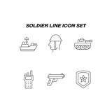 Industry concept. Collection of modern high quality soldier line icons. Editable stroke. Premiul linear symbols of soldier, military radio, warship, star on military emblem, gun, battle tank