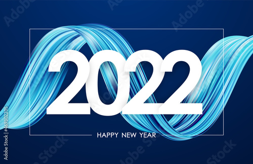 Happy New Year 2021. Greeting card with blue abstract twisted acrylic paint stroke shape. Trendy design.