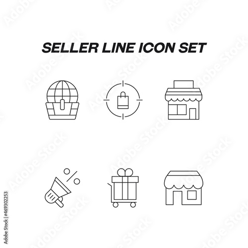 Industry concept. Collection of modern high quality seller line icons. Editable stroke. Premiul linear symbols of globe in shopping cart, shopping bag, target, store, sale, discount, store, gift