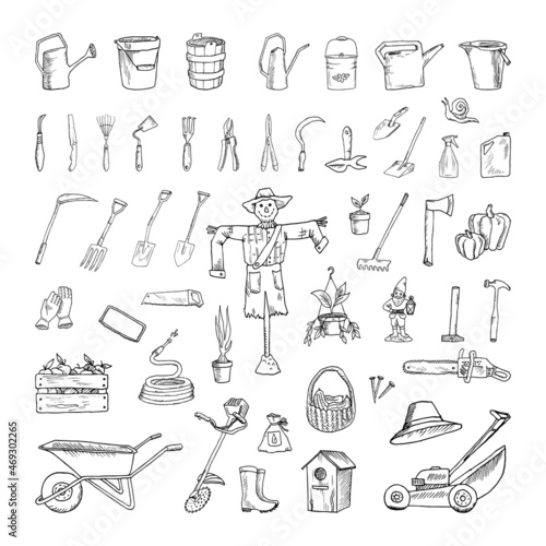 Collection of monochrome illustrations of garden tools in sketch style. Hand drawings in art ink style. Black and white graphics.