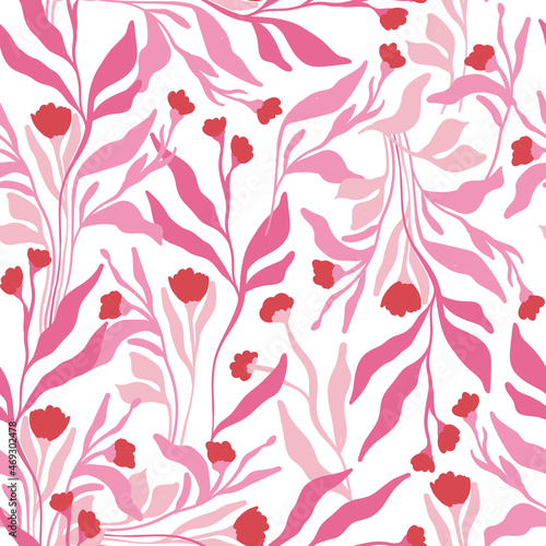 Flowers seamless pattern. Pink color. Modern trendy Matisse minimal style.