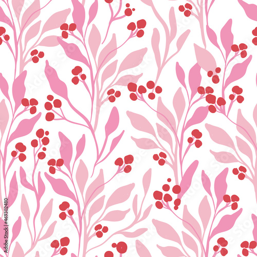 Flowers seamless pattern. Pink color. Modern trendy Matisse minimal style.