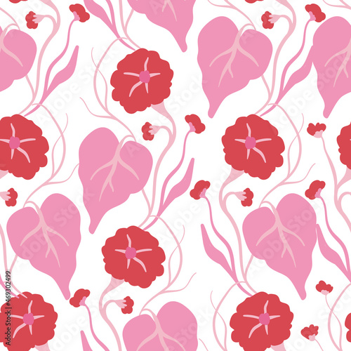 Flowers seamless pattern. Pink color. Modern trendy Matisse minimal style.