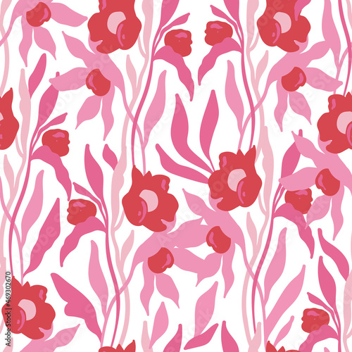 Flowers seamless pattern. Pink color. Modern trendy Matisse minimal style.