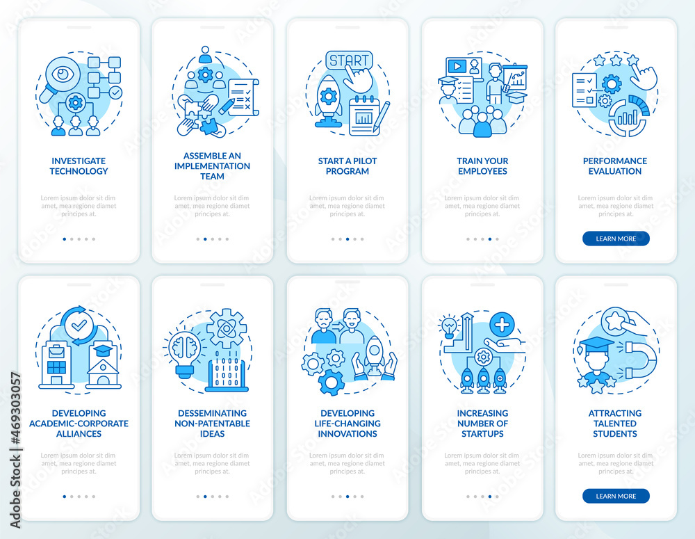 Technology dissemination onboarding mobile app page screen. Sharing knowledge walkthrough 5 steps graphic instructions with concepts. UI, UX, GUI vector template with linear color illustrations - obrazy, fototapety, plakaty 