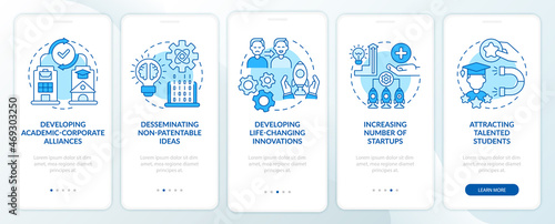 Tech transfer advantage onboarding mobile app page screen. Share nonpatentable ideas walkthrough 5 steps graphic instructions with concepts. UI, UX, GUI vector template with linear color illustrations