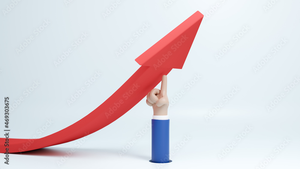 Red rising arrow for business planning new strategy with copy space, 3d cartoon hand business draw on point arrow graph economic growth target success, change of a direction, 3d render illustration Red rising arrow for business planning new strategy with copy space, 3d cartoon hand business draw on point arrow graph economic growth target success, change of a direction, 3d render illustration