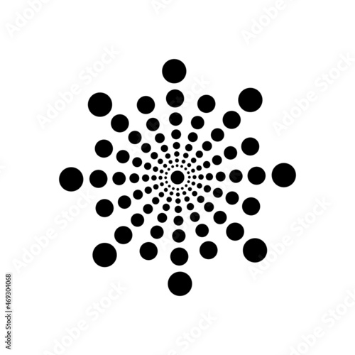 Black radial halftone dots circle on halftone white background. Abstract geometric shape. Logo design. 