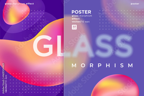 Poster in the glass morphism style. Translucent, frosted glass and abstract amorphous shapes. Place for your text.