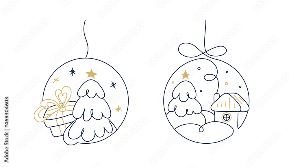 Fototapeta premium A set of contour illustrations Christmas tree balls, a Christmas tree and a gift inside, a cozy house with a chimney. Dark and golden lines, snowflakes and stars