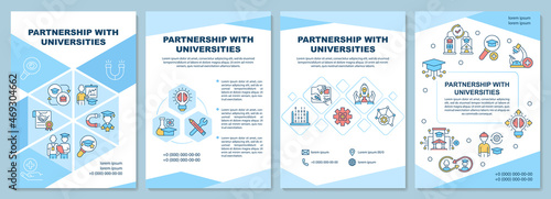 Partnership with universities brochure template. Career opportunity. Flyer, booklet, leaflet print, cover design with linear icons. Vector layouts for presentation, annual reports, advertisement pages