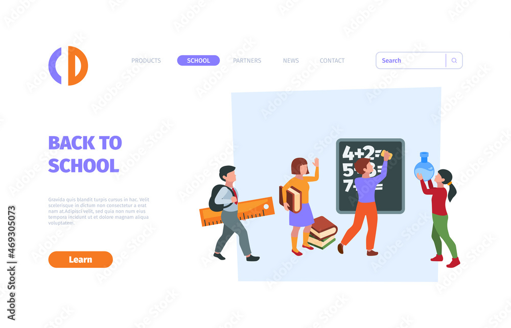Schools landing. People studying lessons education processes for students with backpack pencils papers books and other symbols for school persons garish vector template Schools landing. People studying lessons education processes for students with backpack pencils papers books and other symbols for school persons garish vector template
