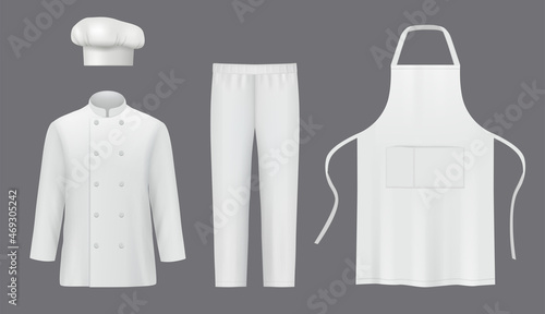 Chef uniforms. Professional suit clothes for cooks jackets and pants decent vector realistic uniform for characters