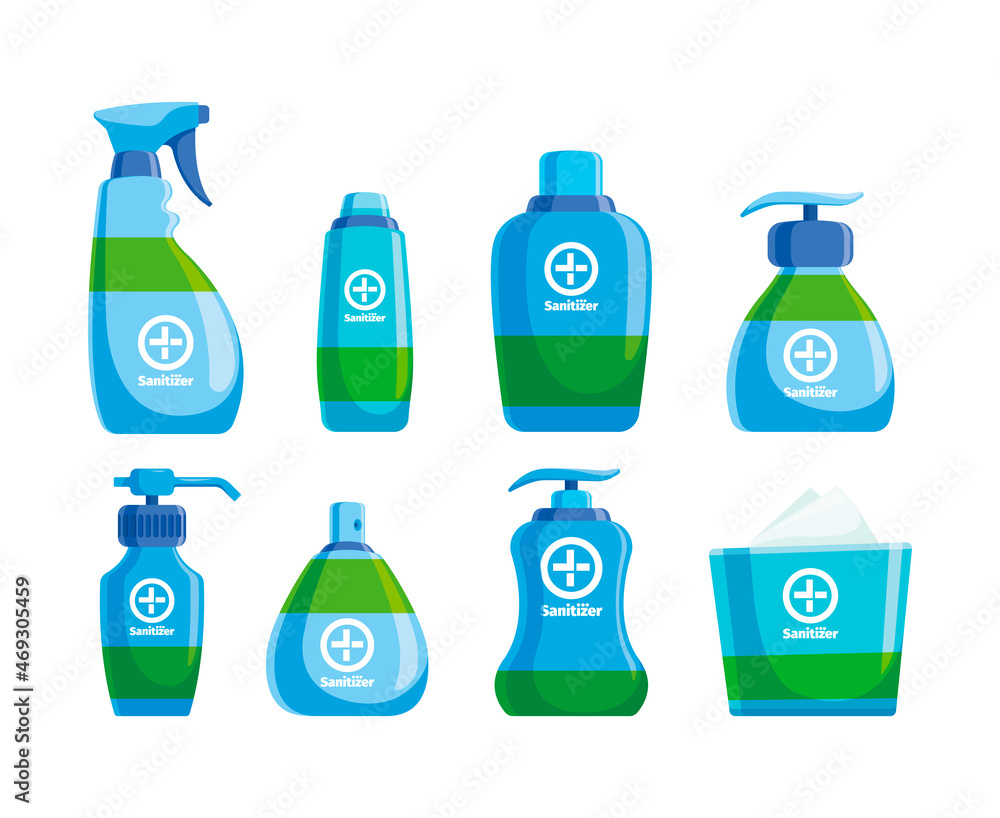 Sanitizer bottles. Hygienic products bottles disinfect products hands wiping packaging clear spray garish vector pictures collections of sanitizer Sanitizer bottles. Hygienic products bottles disinfect products hands wiping packaging clear spray garish vector pictures collections of sanitizer
