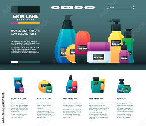 Cosmetics landing. Skin care healthy products for spa salon soap scrub creme anti aging garish vector flat web template with place for text