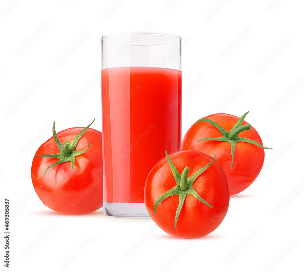 Glass of freshly squeezed tomato juice and three tomato Glass of freshly squeezed tomato juice and three tomato