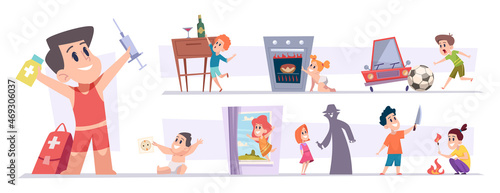 Dangerous situation. Place in home with children attention danger electricity stranger dangerous places on window exact vector risk games