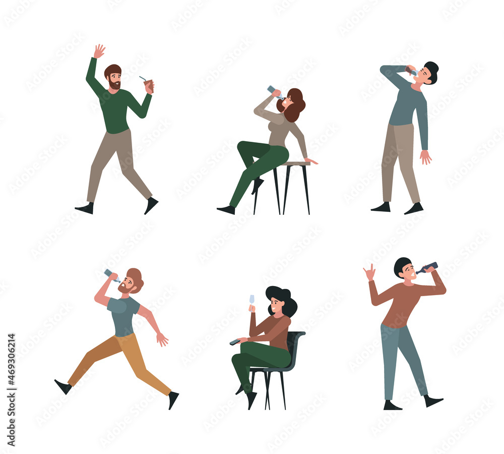 People drinking. Characters in restaurant drinking beverage fresh liquids food garish vector flat illustrations isolated