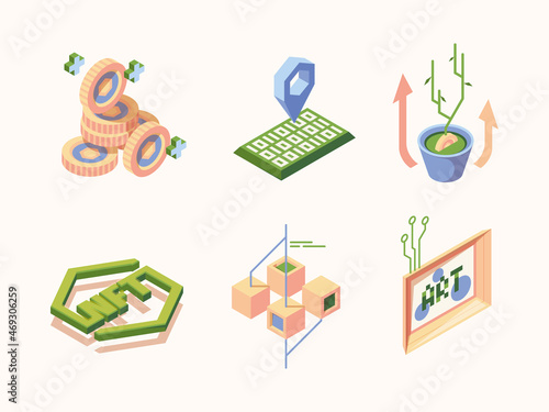 Nft icon. Electronic arts security innovation system safety your personal creative works paints art content garish vector isometric illustrations