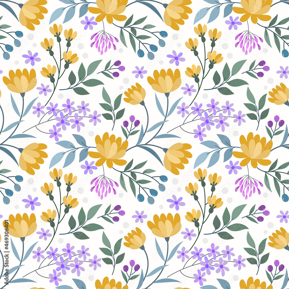 Blooming  yellow flowers and small purple flowers seamless pattern.