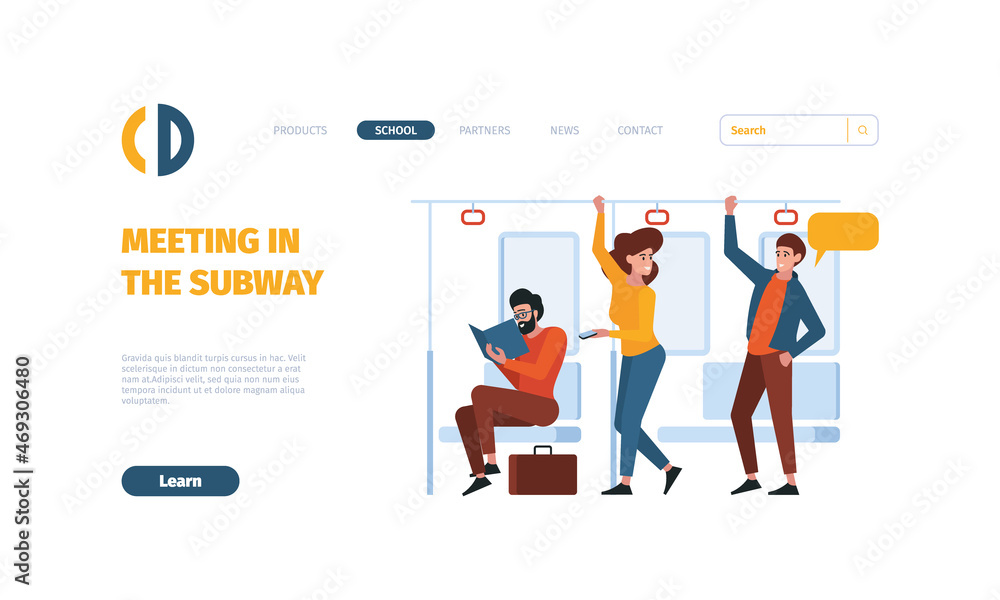 Grip train. Landing railway interior people standing with hand holding grip garish vector business web page with place for text